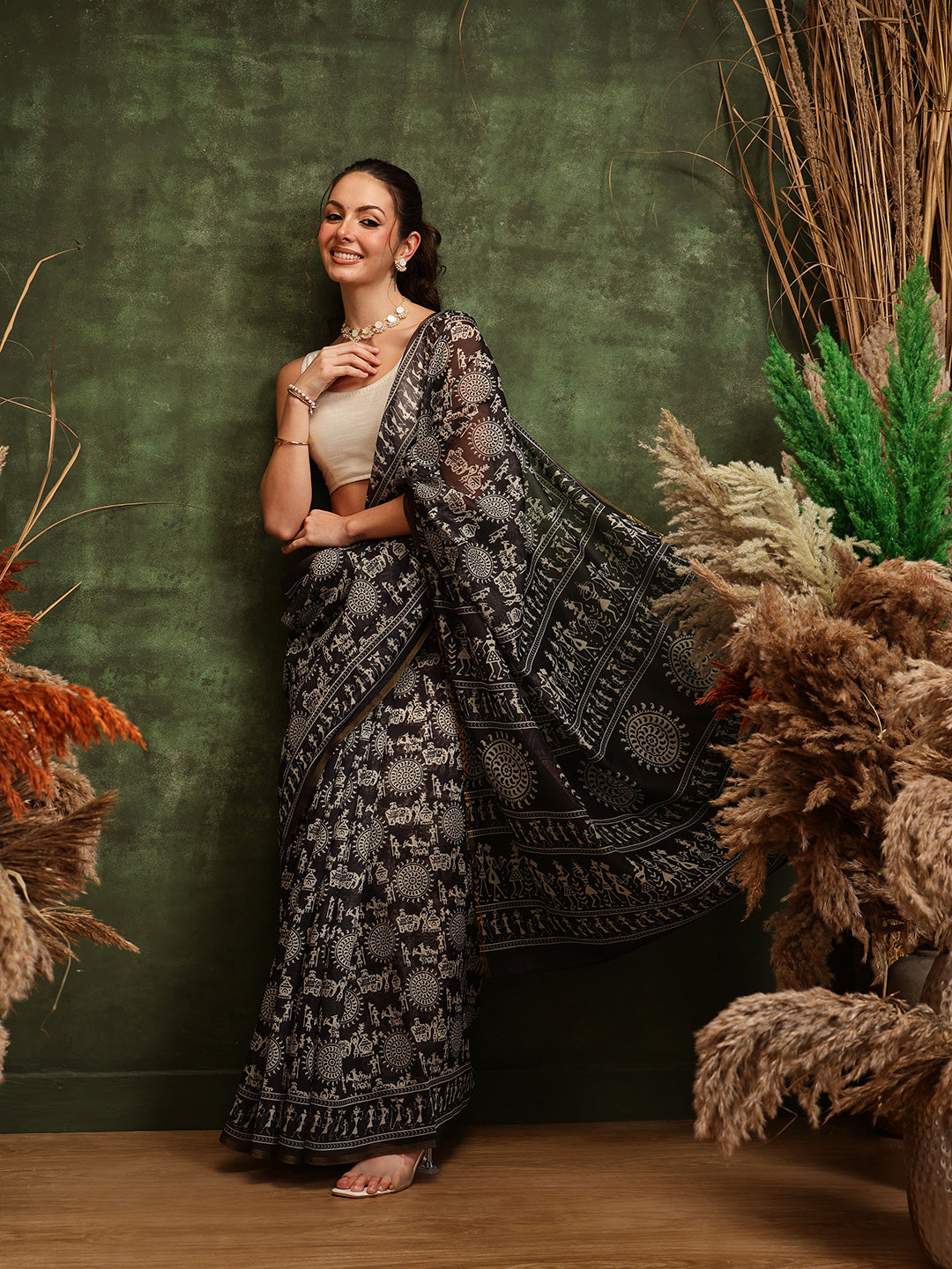 Hiral Fashion Black Chanderi Cotton Blend Abstract Digital Printed Saree | Grocsy