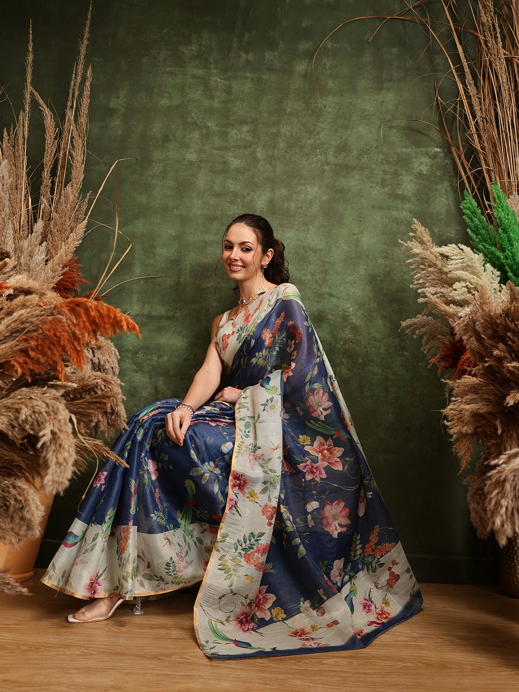 Hiral Fashion Blue Chanderi Cotton Blend Floral Digital Printed Saree | Grocsy