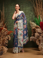 Hiral Fashion Blue Chanderi Cotton Blend Floral Digital Printed Saree | Grocsy