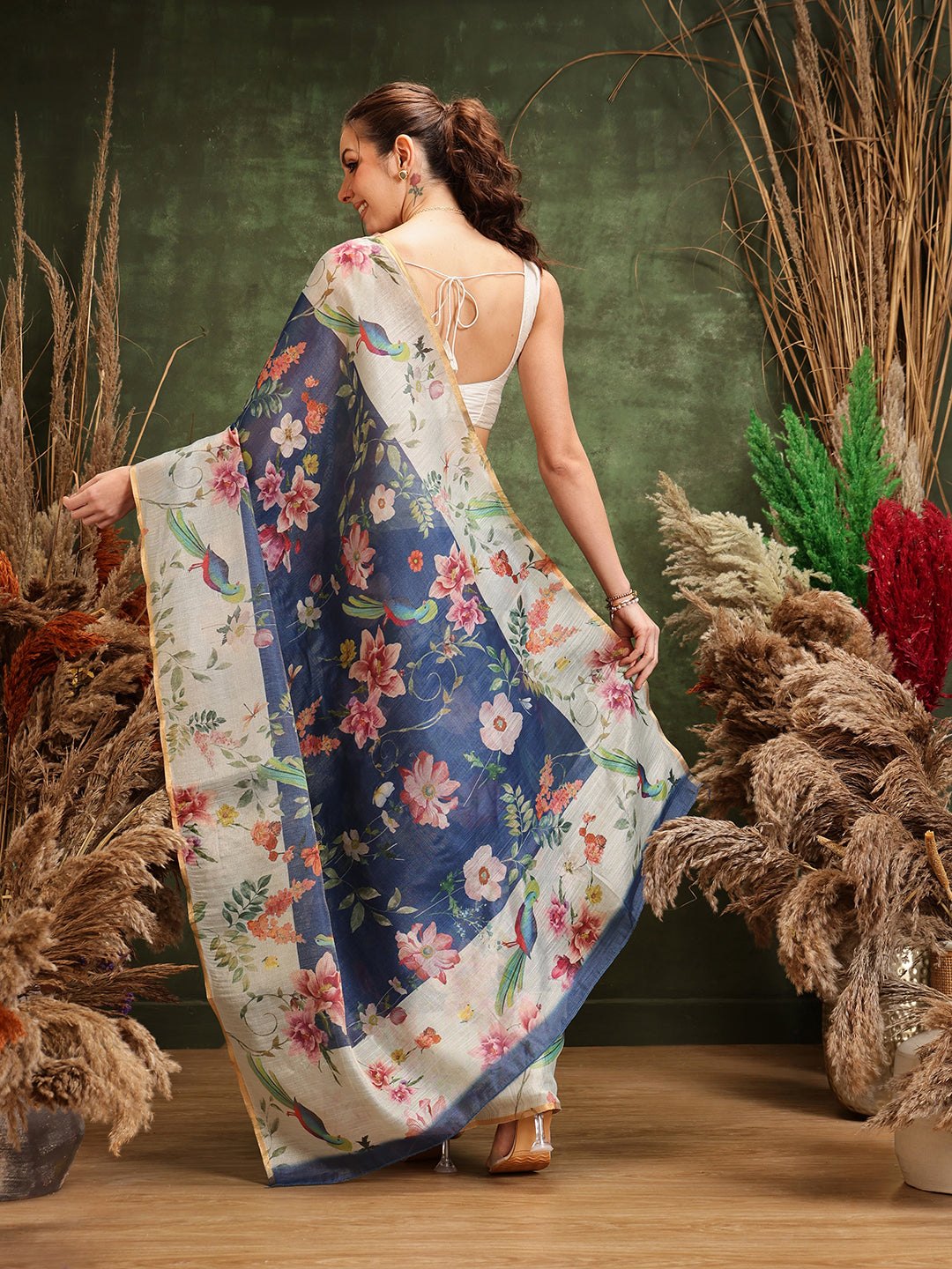Hiral Fashion Blue Chanderi Cotton Blend Floral Digital Printed Saree | Grocsy