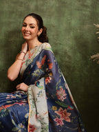 Hiral Fashion Blue Chanderi Cotton Blend Floral Digital Printed Saree | Grocsy