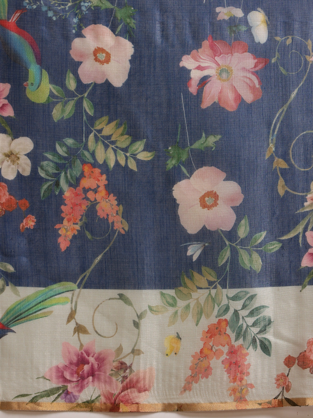 Hiral Fashion Blue Chanderi Cotton Blend Floral Digital Printed Saree | Grocsy