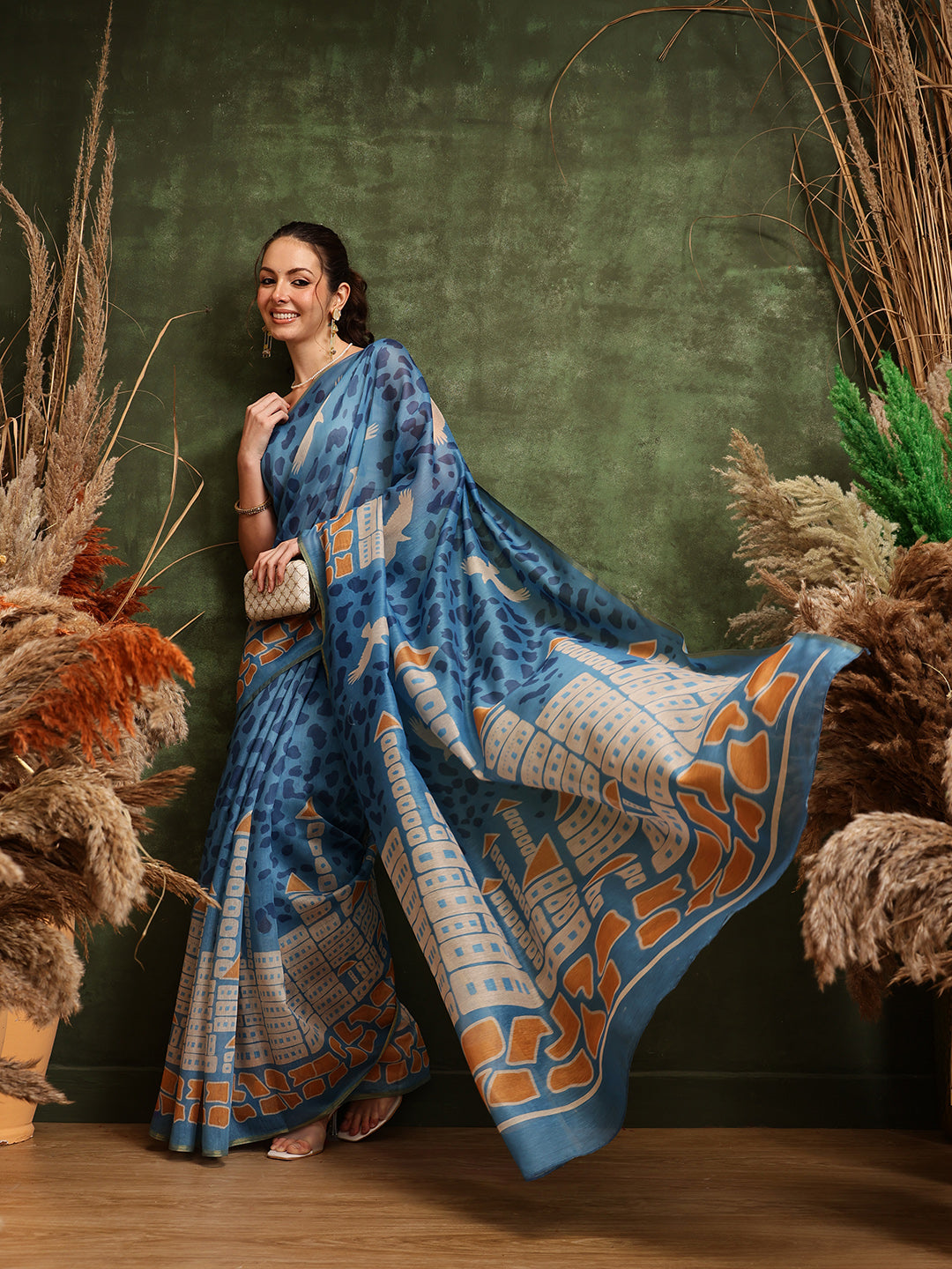 Hiral Fashion Blue Chanderi Cotton Blend Abstract Digital Printed Saree | Grocsy