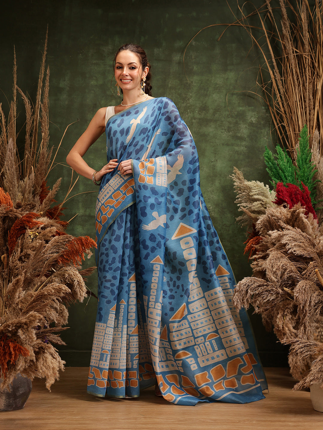 Hiral Fashion Blue Chanderi Cotton Blend Abstract Digital Printed Saree | Grocsy