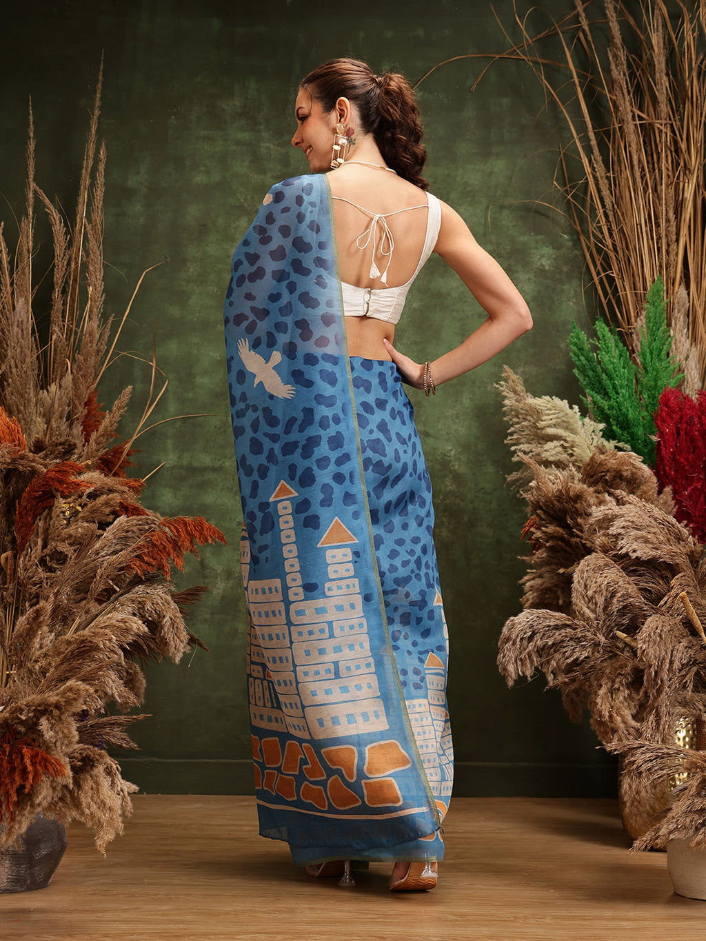 Hiral Fashion Blue Chanderi Cotton Blend Abstract Digital Printed Saree | Grocsy