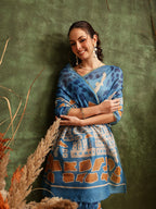 Hiral Fashion Blue Chanderi Cotton Blend Abstract Digital Printed Saree | Grocsy