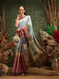 Hiral Fashion Blue Chanderi Cotton Blend Abstract Digital Printed Saree | Grocsy