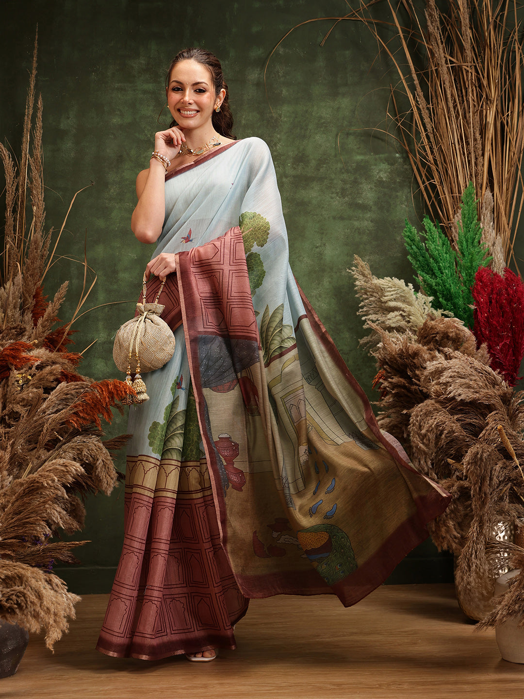 Hiral Fashion Blue Chanderi Cotton Blend Abstract Digital Printed Saree | Grocsy