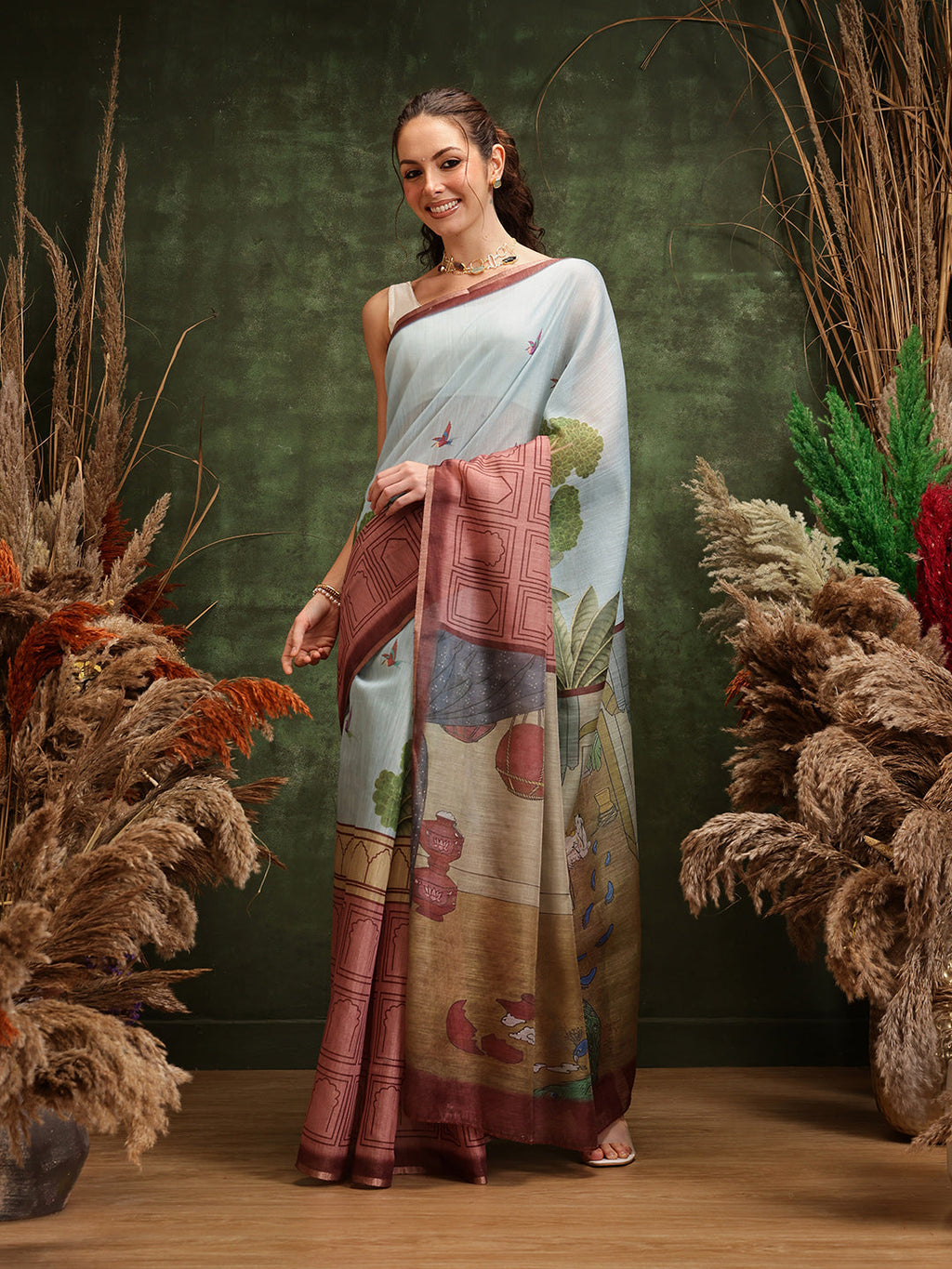 Hiral Fashion Blue Chanderi Cotton Blend Abstract Digital Printed Saree | Grocsy