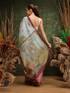 Hiral Fashion Blue Chanderi Cotton Blend Abstract Digital Printed Saree | Grocsy