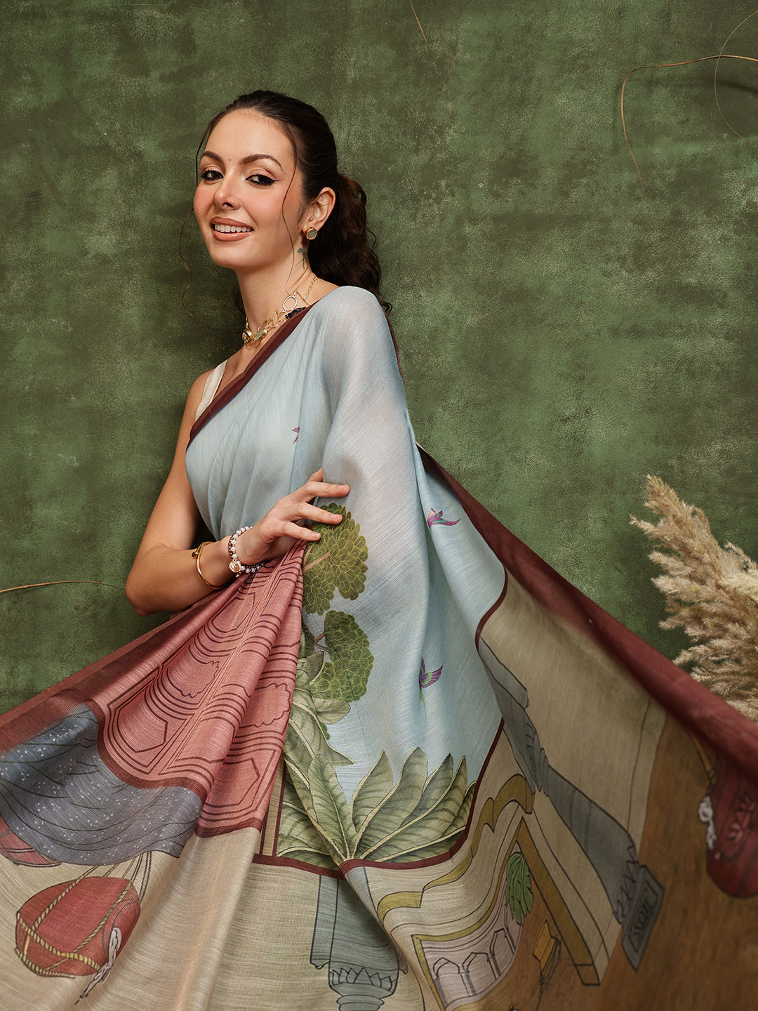 Hiral Fashion Blue Chanderi Cotton Blend Abstract Digital Printed Saree | Grocsy