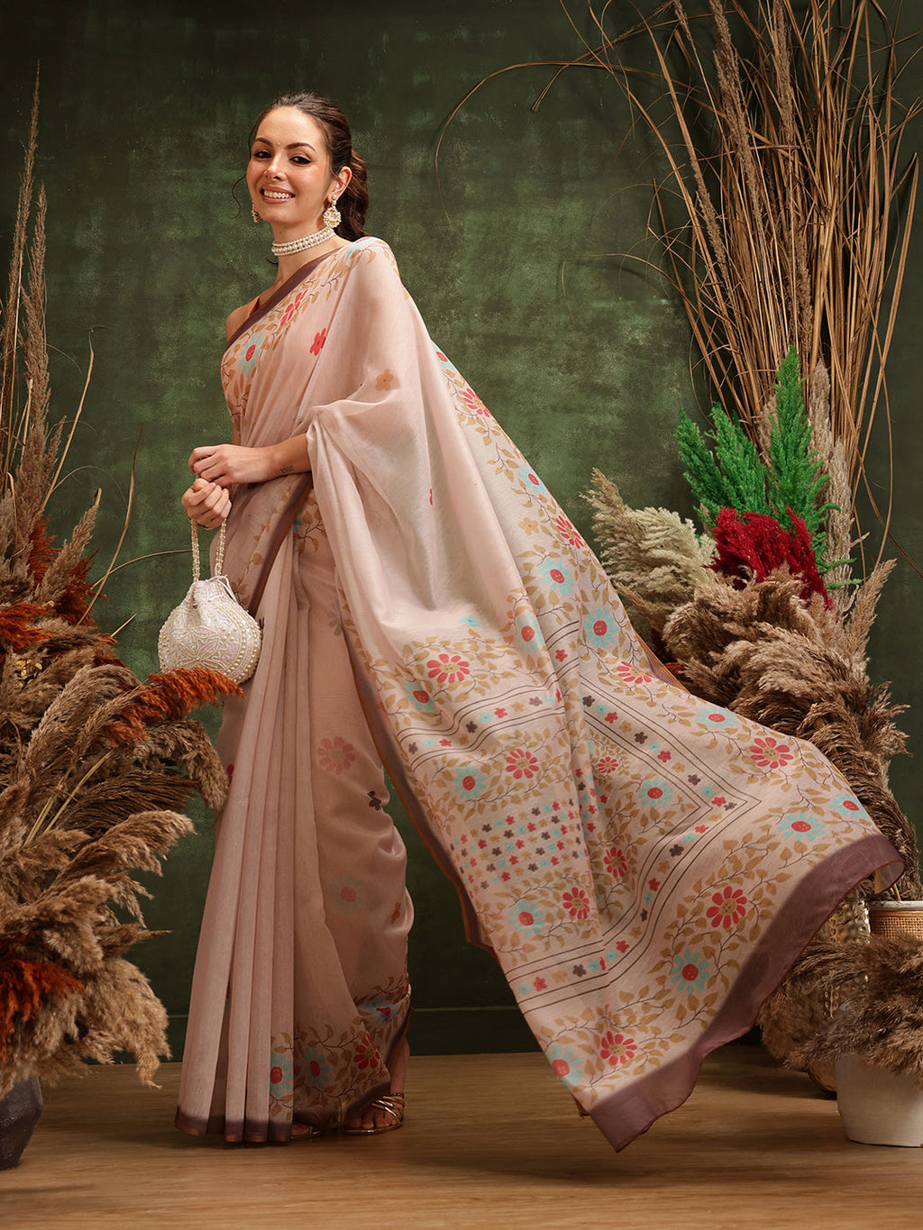 Hiral Fashion Peach Chanderi Cotton Blend Floral Digital Printed Saree | Grocsy