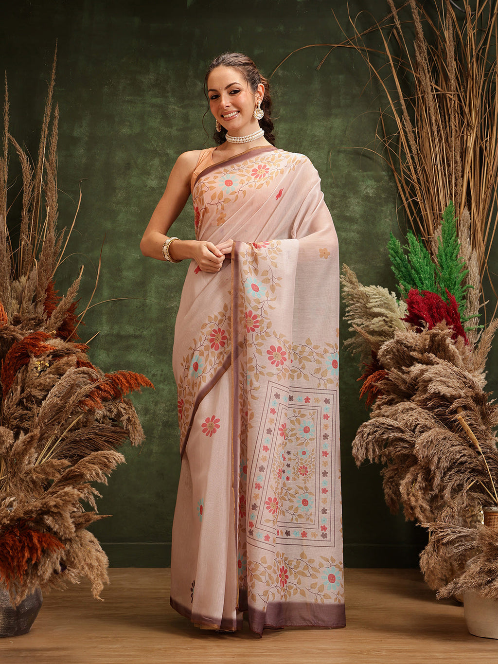Hiral Fashion Peach Chanderi Cotton Blend Floral Digital Printed Saree | Grocsy