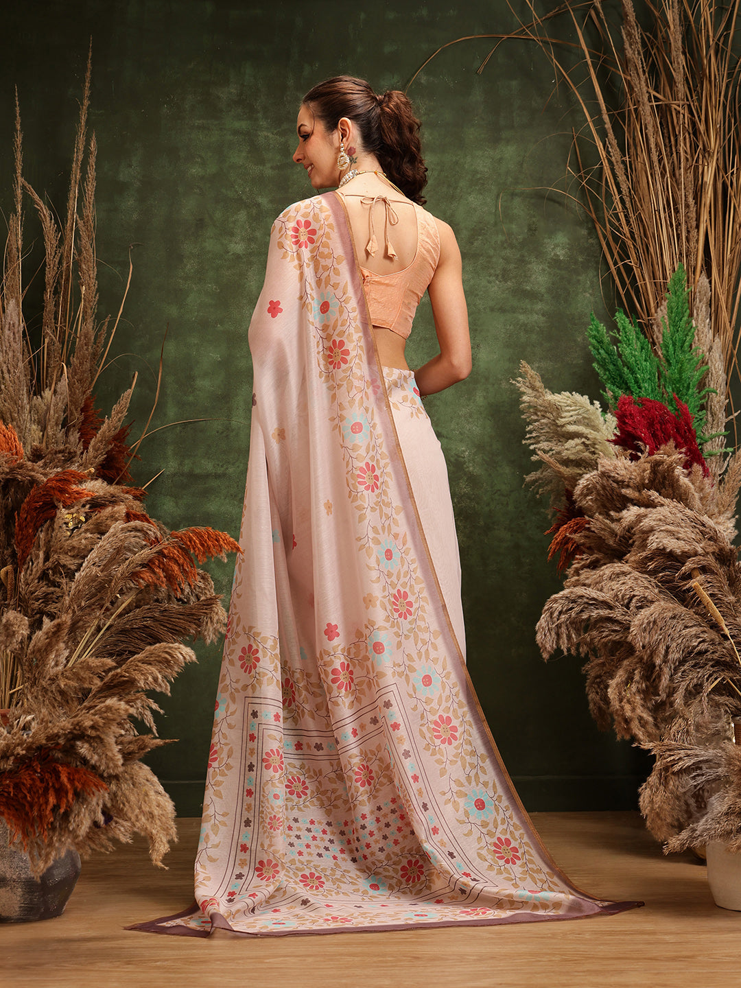 Hiral Fashion Peach Chanderi Cotton Blend Floral Digital Printed Saree | Grocsy