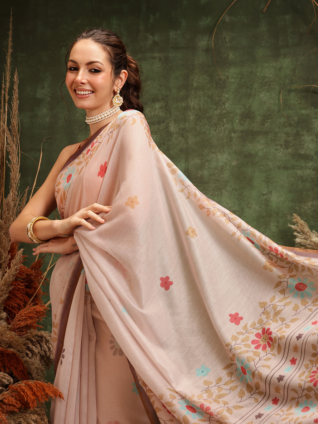 Hiral Fashion Peach Chanderi Cotton Blend Floral Digital Printed Saree | Grocsy