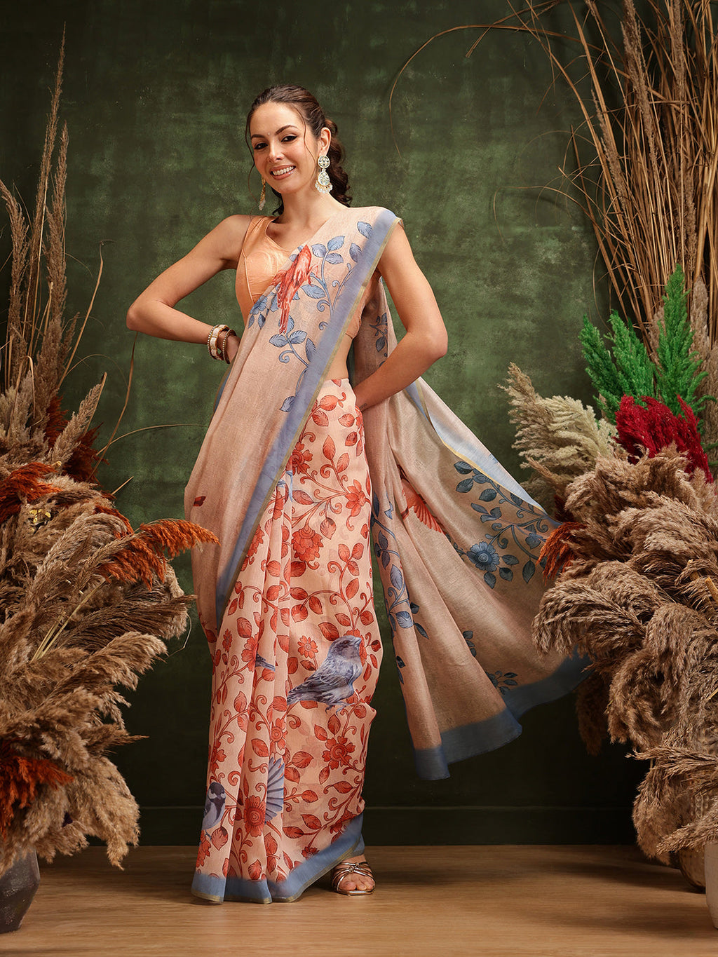 Hiral Fashion Beige Chanderi Cotton Blend Floral Digital Printed Saree | Grocsy