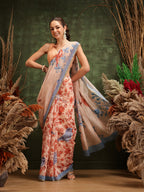 Hiral Fashion Beige Chanderi Cotton Blend Floral Digital Printed Saree | Grocsy