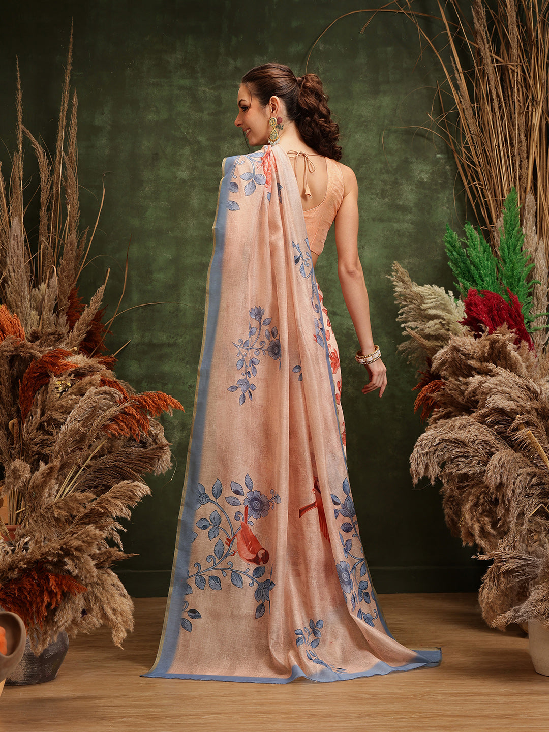 Hiral Fashion Beige Chanderi Cotton Blend Floral Digital Printed Saree | Grocsy