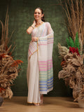 Hiral Fashion White Chanderi Cotton Blend Stripes Digital Printed Saree | Grocsy