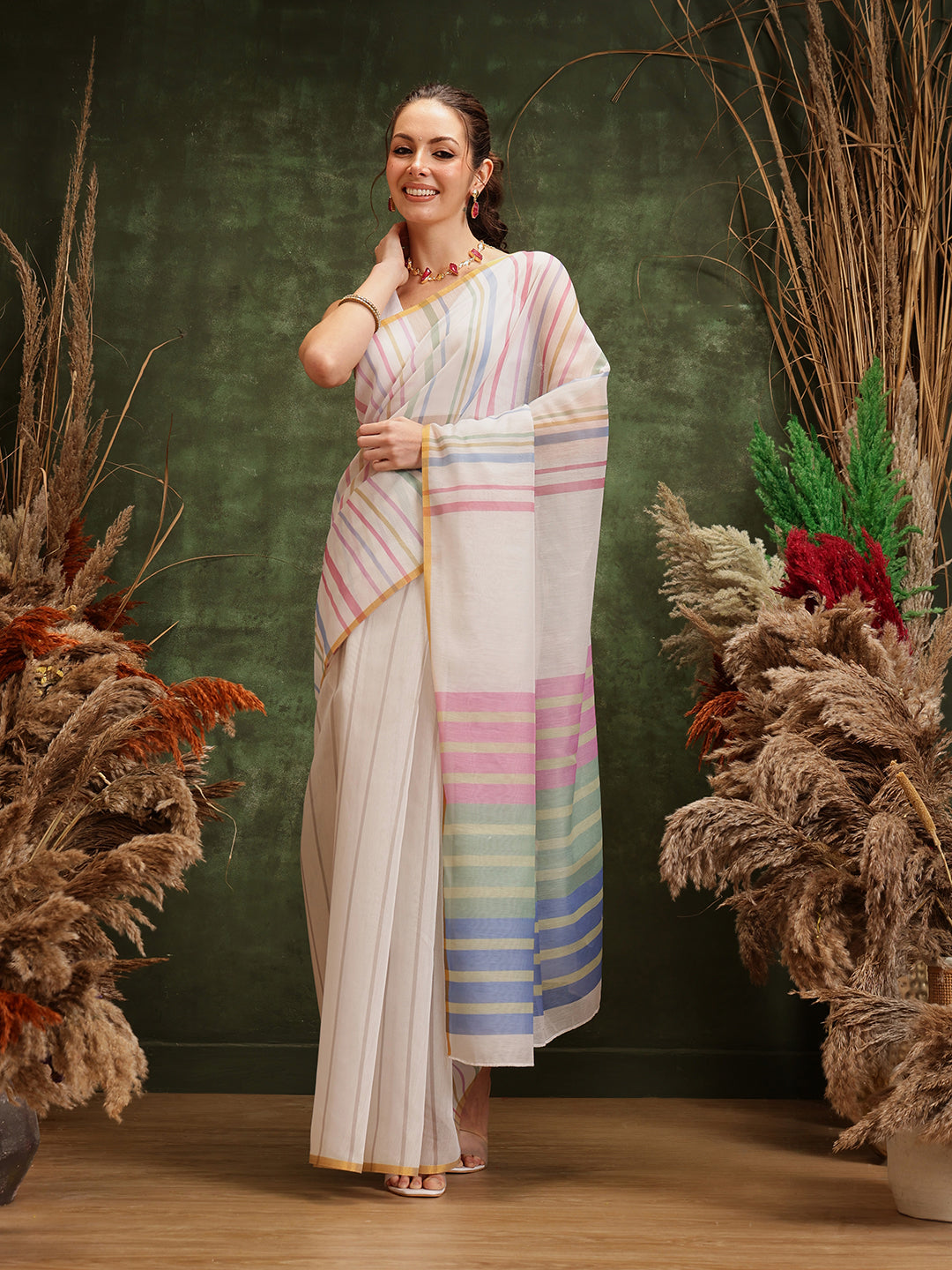 Hiral Fashion White Chanderi Cotton Blend Stripes Digital Printed Saree | Grocsy