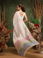 Hiral Fashion White Chanderi Cotton Blend Stripes Digital Printed Saree | Grocsy