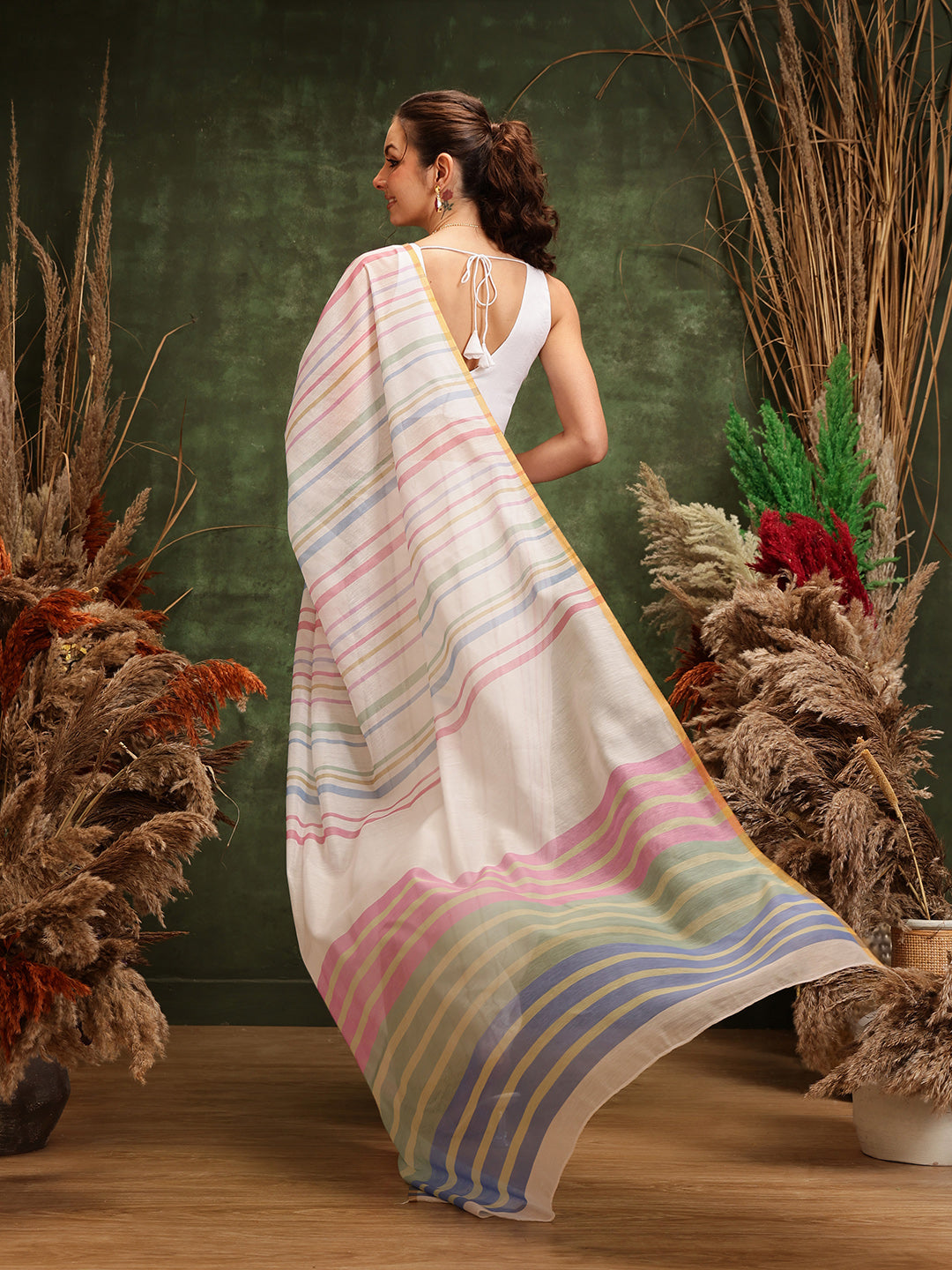 Hiral Fashion White Chanderi Cotton Blend Stripes Digital Printed Saree | Grocsy
