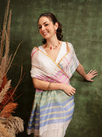 Hiral Fashion White Chanderi Cotton Blend Stripes Digital Printed Saree | Grocsy