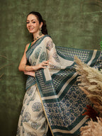 Hiral Fashion Off White Chanderi Cotton Blend Abstract Digital Printed Saree | Grocsy