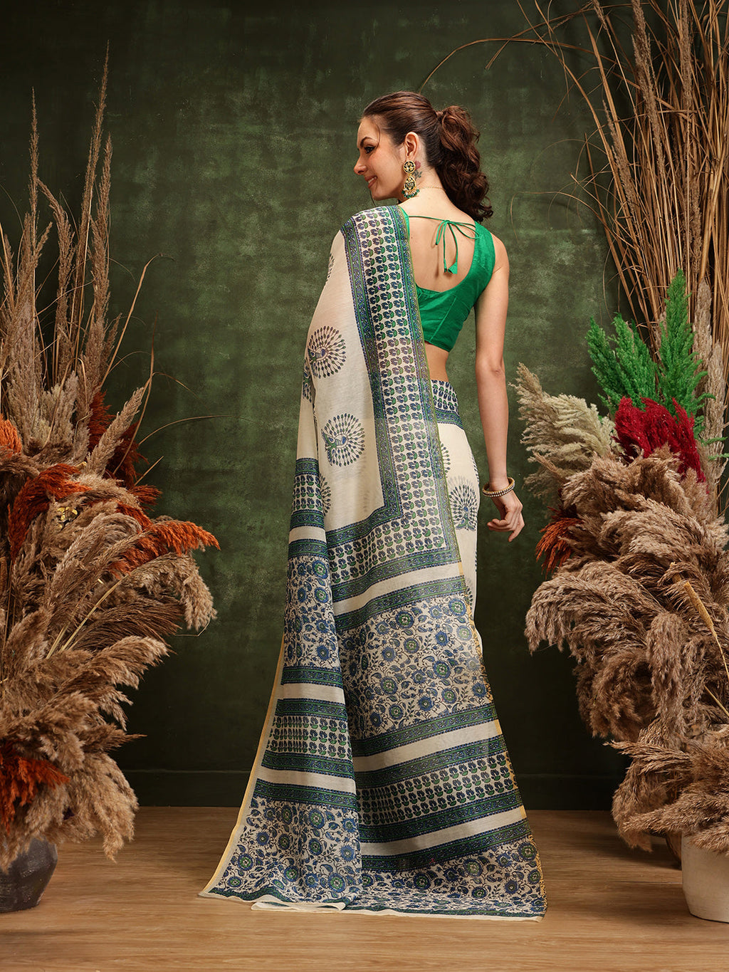 Hiral Fashion Off White Chanderi Cotton Blend Abstract Digital Printed Saree | Grocsy