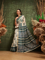 Hiral Fashion Off White Chanderi Cotton Blend Abstract Digital Printed Saree | Grocsy