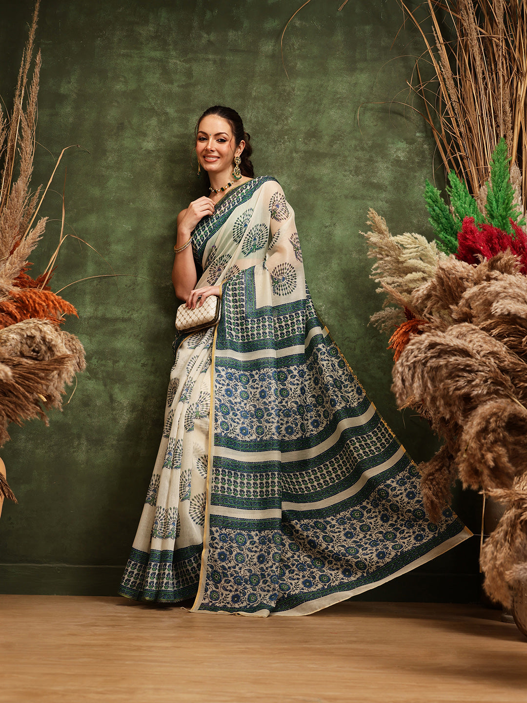 Hiral Fashion Off White Chanderi Cotton Blend Abstract Digital Printed Saree | Grocsy