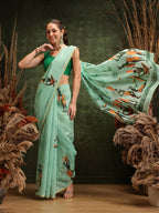 Hiral Fashion Green Chanderi Cotton Blend Abstract Digital Printed Saree | Grocsy