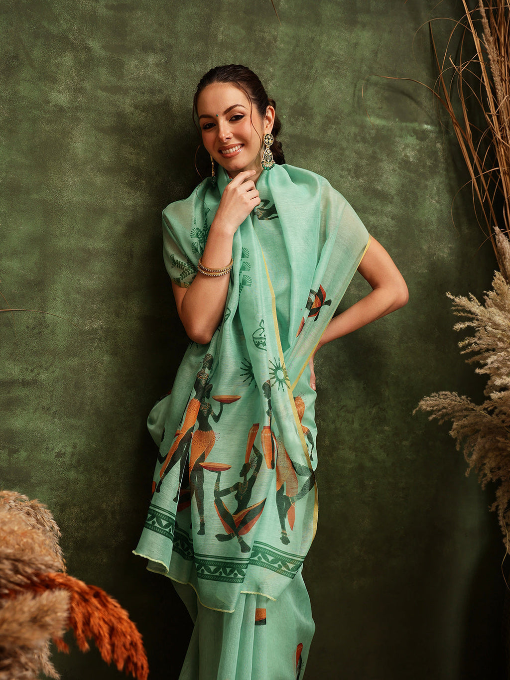 Hiral Fashion Green Chanderi Cotton Blend Abstract Digital Printed Saree | Grocsy