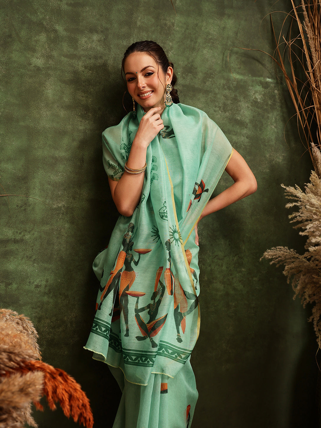 Hiral Fashion Green Chanderi Cotton Blend Abstract Digital Printed Saree | Grocsy