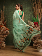 Hiral Fashion Green Chanderi Cotton Blend Abstract Digital Printed Saree | Grocsy