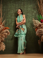 Hiral Fashion Green Chanderi Cotton Blend Abstract Digital Printed Saree | Grocsy