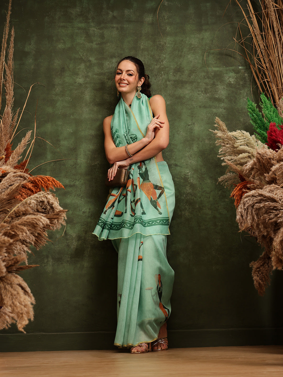 Hiral Fashion Green Chanderi Cotton Blend Abstract Digital Printed Saree | Grocsy