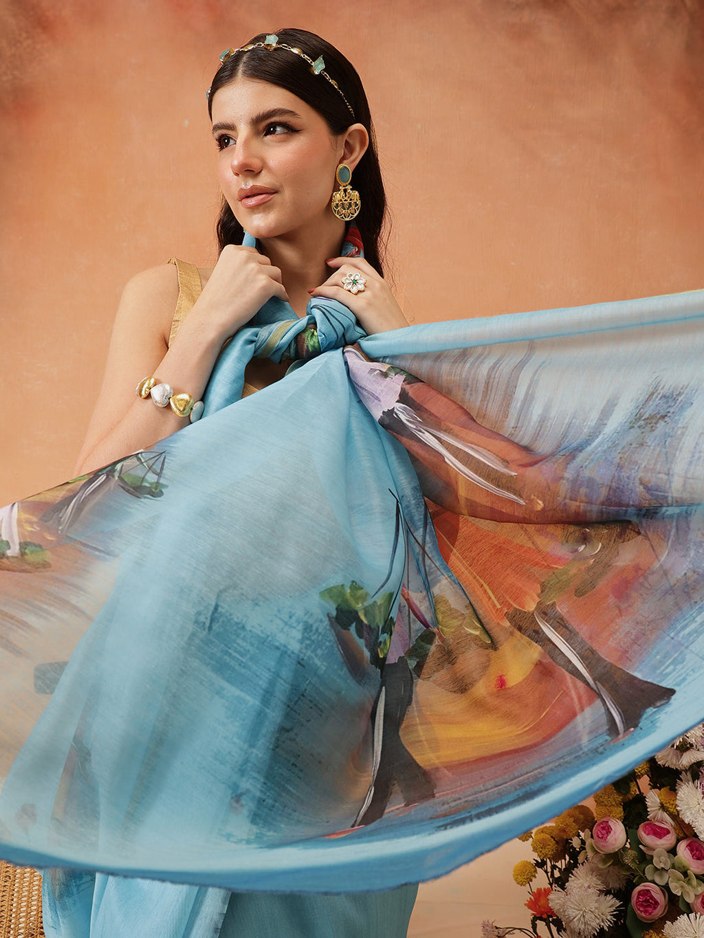 Hiral Fashion Blue Chanderi Cotton Blend Abstract Digital Printed Saree | Grocsy