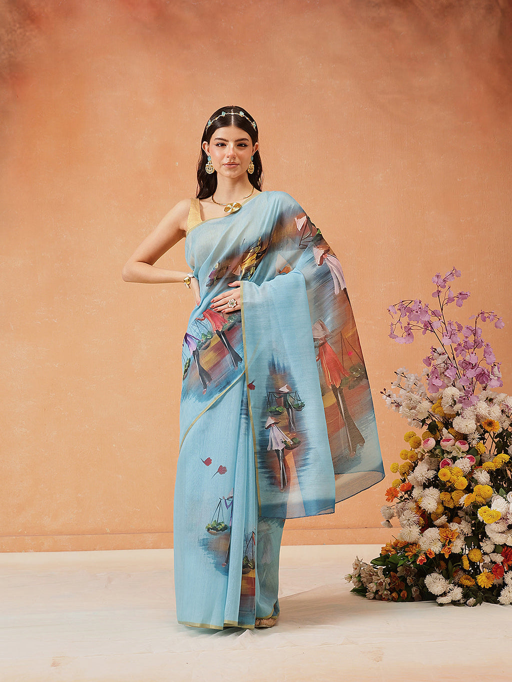 Hiral Fashion Blue Chanderi Cotton Blend Abstract Digital Printed Saree | Grocsy