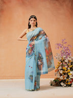 Hiral Fashion Blue Chanderi Cotton Blend Abstract Digital Printed Saree | Grocsy