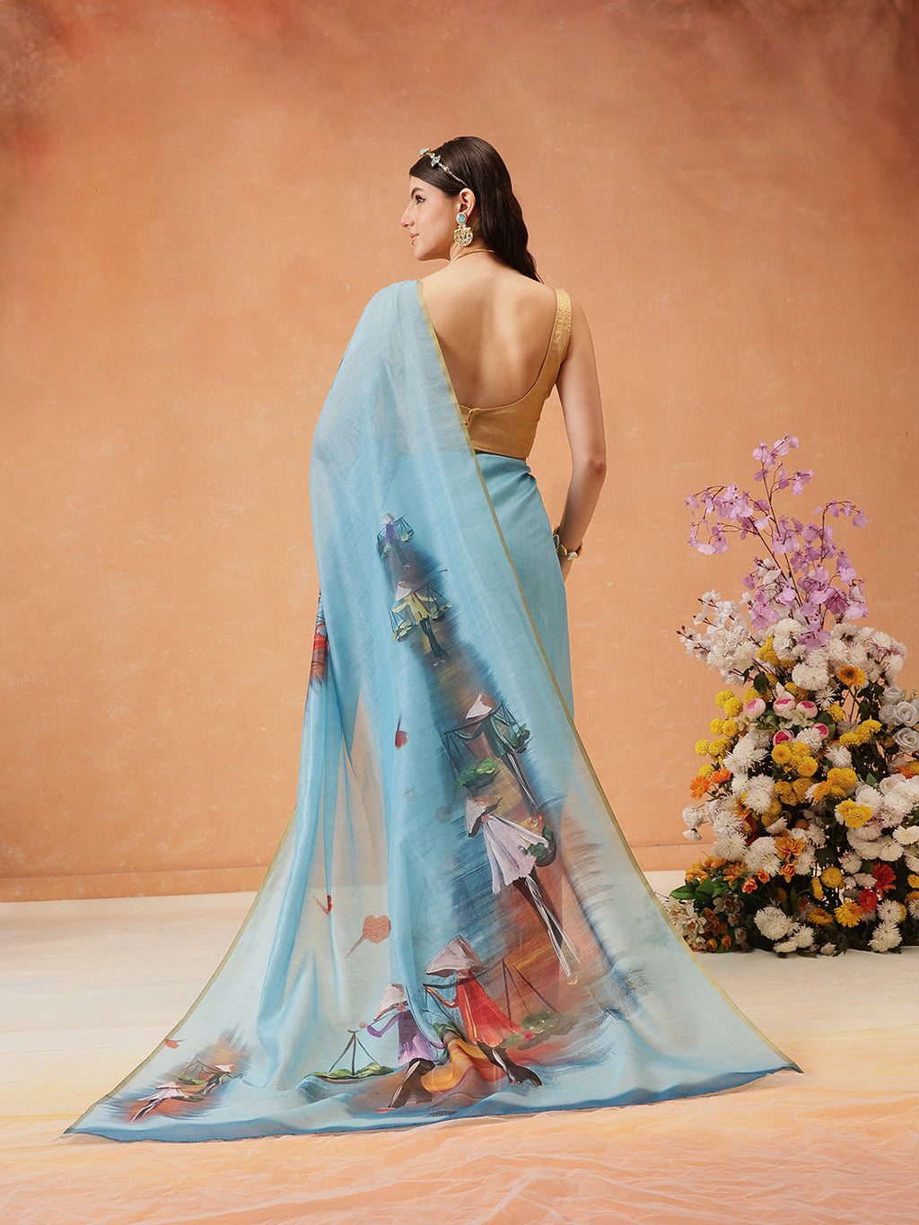 Hiral Fashion Blue Chanderi Cotton Blend Abstract Digital Printed Saree | Grocsy