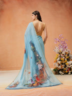 Hiral Fashion Blue Chanderi Cotton Blend Abstract Digital Printed Saree | Grocsy