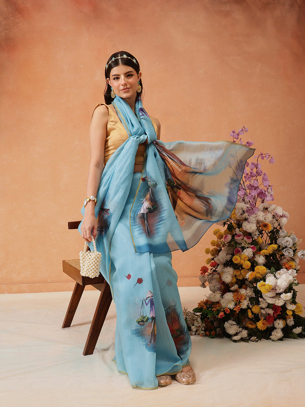 Hiral Fashion Blue Chanderi Cotton Blend Abstract Digital Printed Saree | Grocsy