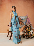 Hiral Fashion Blue Chanderi Cotton Blend Abstract Digital Printed Saree | Grocsy