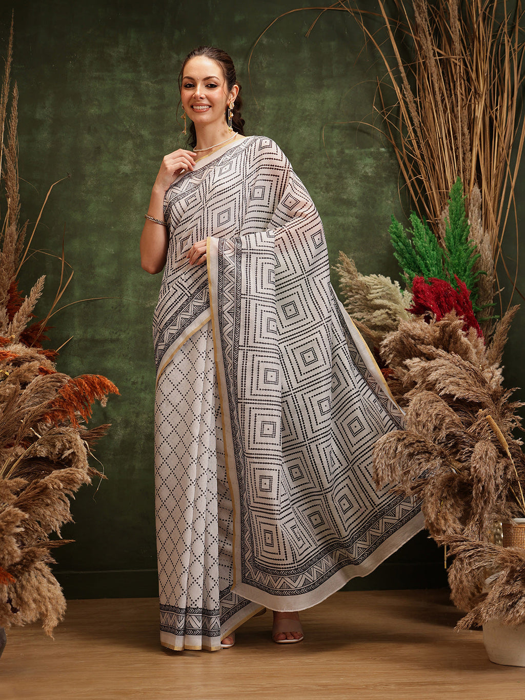 Hiral Fashion White Chanderi Cotton Blend Floral Digital Printed Saree | Grocsy