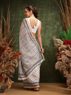 Hiral Fashion White Chanderi Cotton Blend Floral Digital Printed Saree | Grocsy