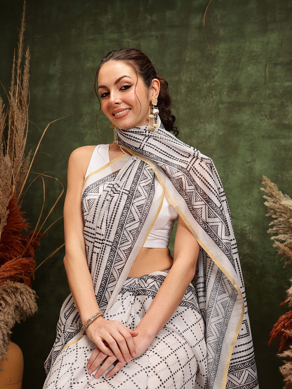 Hiral Fashion White Chanderi Cotton Blend Floral Digital Printed Saree | Grocsy