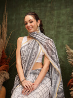 Hiral Fashion White Chanderi Cotton Blend Floral Digital Printed Saree | Grocsy
