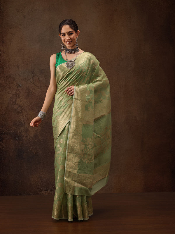 Green Cotton Woven Zari Design Floral Saree with Unstitched Blouse - Hiral Fashion | Grocsy