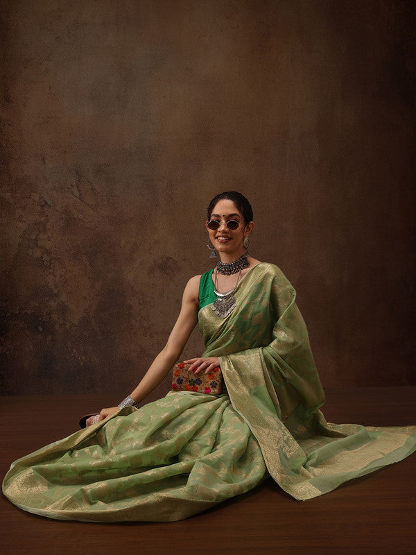 Green Cotton Woven Zari Design Floral Saree with Unstitched Blouse - Hiral Fashion | Grocsy